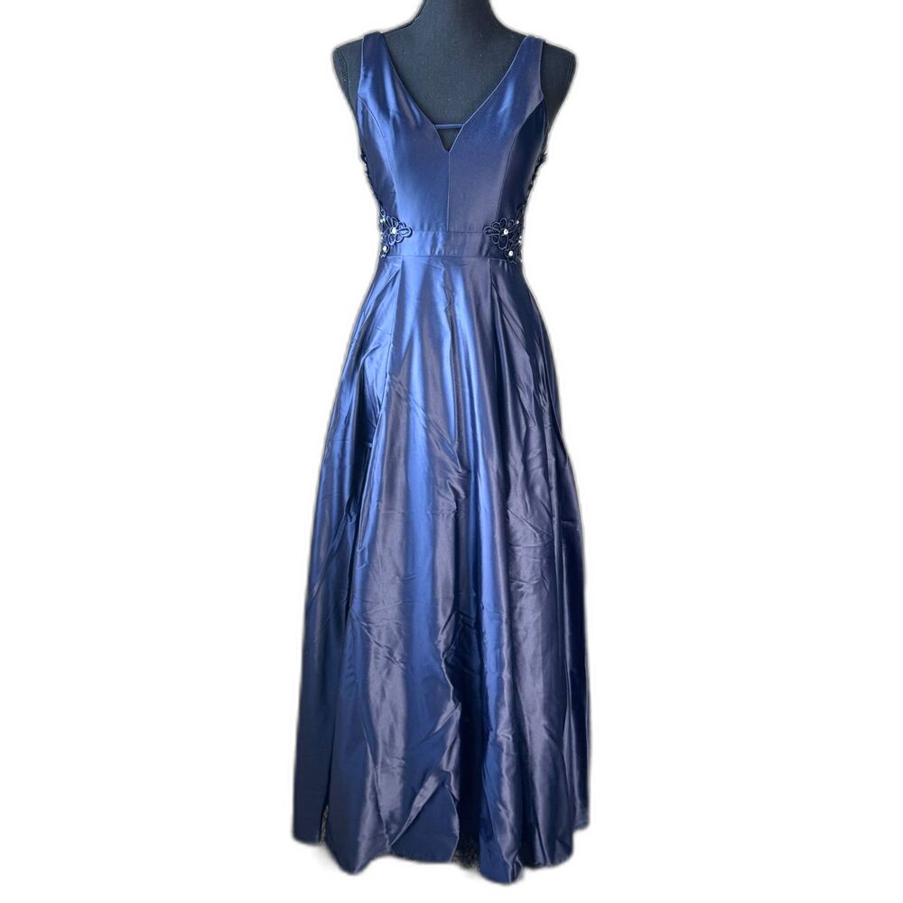 Size 3 navy City Studio satin a line gown with floral cut outs v neck 1020